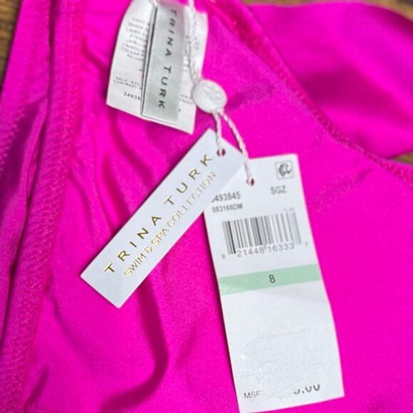 Trina Turk Swim Women's One Shoulder Ruffle Bandeau Swim in Hot Pink. Sz 8. NWT - Picture 9 of 12